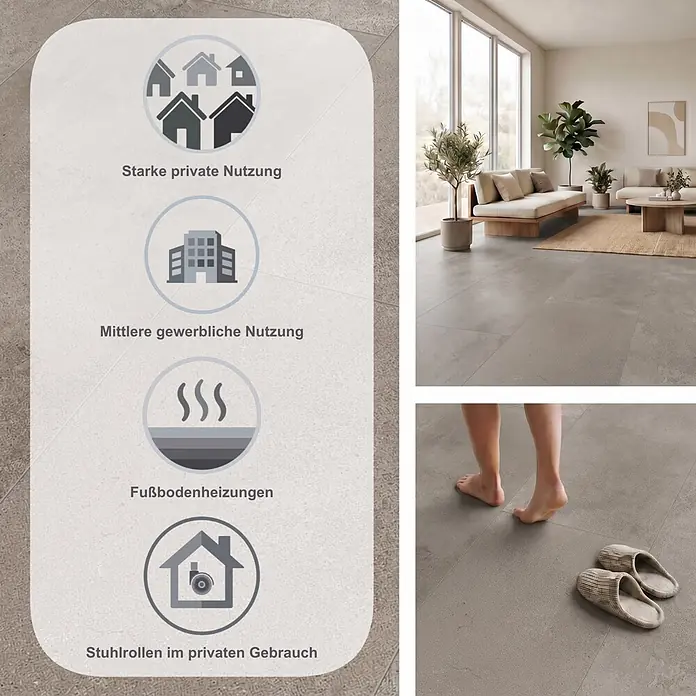 Classen Laminat Visiogrande - Concrete grey, 604 x 280 x 8 mm - Graue Bodenfliesen für starke private und mittlere gewerbliche Nutzung, Fußbodenheizungen und Stuhlrollen im privaten Bereich, in einem Wohnzimmer gezeigt.