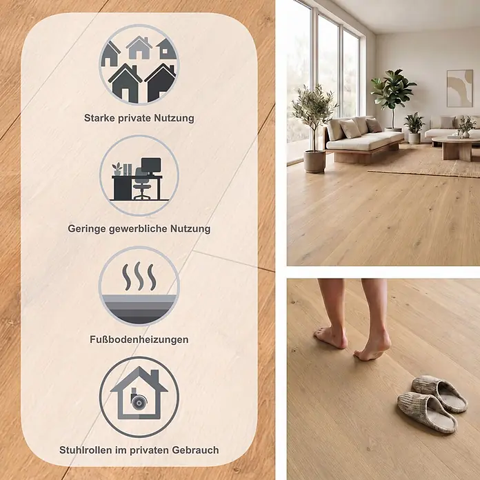 Classen Laminat 731-4 - Eiche Beige dunkel, Landhausdiele, 1.286 x 194 x 7 mm - Heller Holzfußboden in Wohnumgebung, geeignet für starke private und leichte gewerbliche Nutzung, Fußbodenheizung und Stuhlrollen.