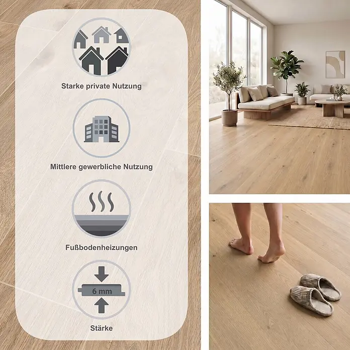 LOGOCLIC Aquaprotect Smart Laminat - Eiche Eurus, Landhausdiele, 1.288 x 195 x 6 mm - Heller Holzfußboden im Wohnzimmer, für starke private und mittlere gewerbliche Nutzung, fußbodenheizungsgeeignet, 6mm stark.