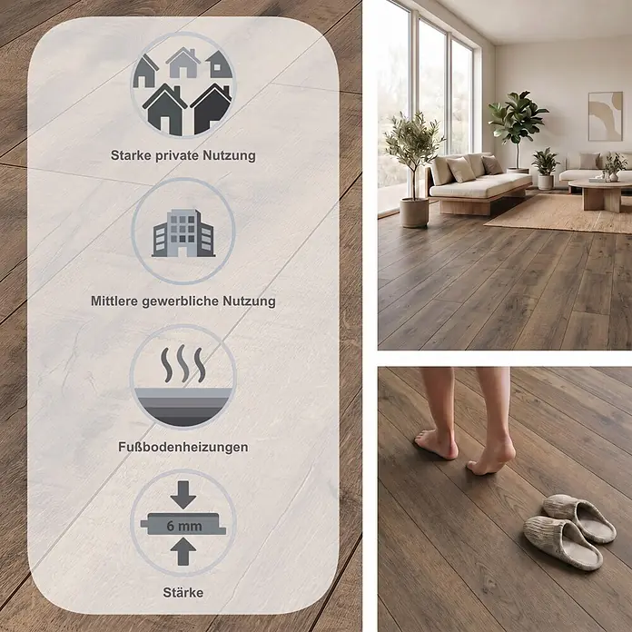 LOGOCLIC Aquaprotect Smart Laminat - Tyri Oak, Landhausdiele, 1.288 x 195 x 6 mm - Dunkelbrauner Holzfußboden in modernem Wohnzimmer, mit Symbolen für starke private und mittlere gewerbliche Nutzung, Fußbodenheizung und 6 mm Dicke.