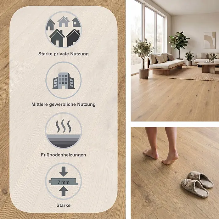 LOGOCLIC Aquaprotect Smart Silent Laminat - Pandora, Landhausdiele, 1.288 x 195 x 7 mm - Heller Holzlaminatboden, 7mm stark, für starke private und mittlere gewerbliche Nutzung sowie Fußbodenheizungen geeignet.