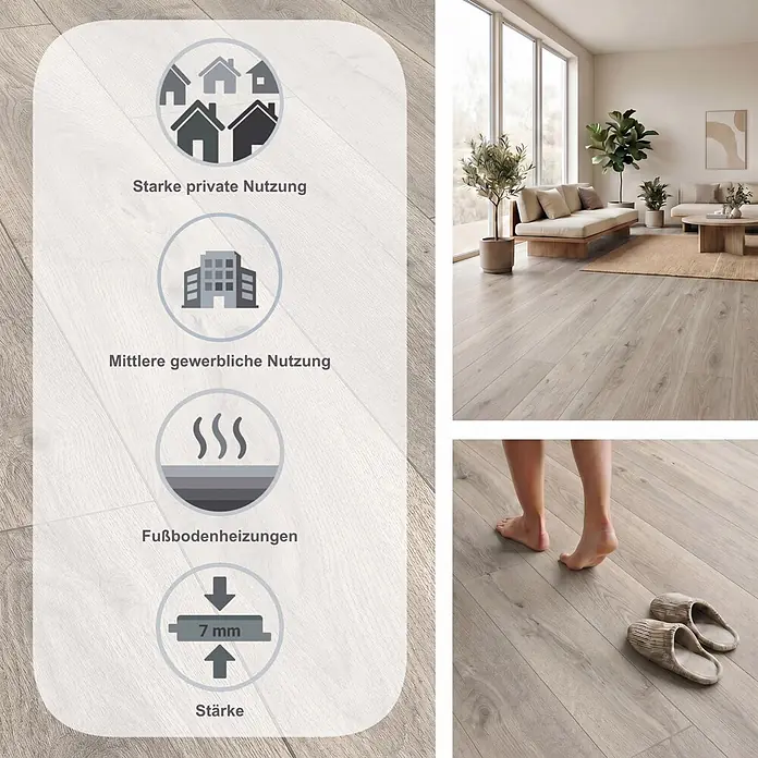LOGOCLIC Aquaprotect Smart Silent Laminat - Lombok Oak, Landhausdiele, 1.288 x 195 x 7 mm - Heller, grauer Holzboden (7mm stark), für starke private und mittlere gewerbliche Nutzung sowie Fußbodenheizung. Abgebildet in Wohnumgebung.
