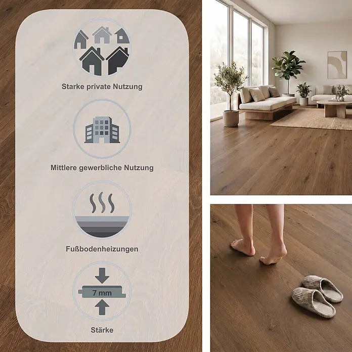 LOGOCLIC Aquaprotect Smart Silent Laminat - Corno Oak, Landhausdiele, 1.288 x 195 x 7 mm - Brauner Laminatboden mit Icons für starke private/mittlere gewerbliche Nutzung, Fußbodenheizung und 7 mm Stärke.