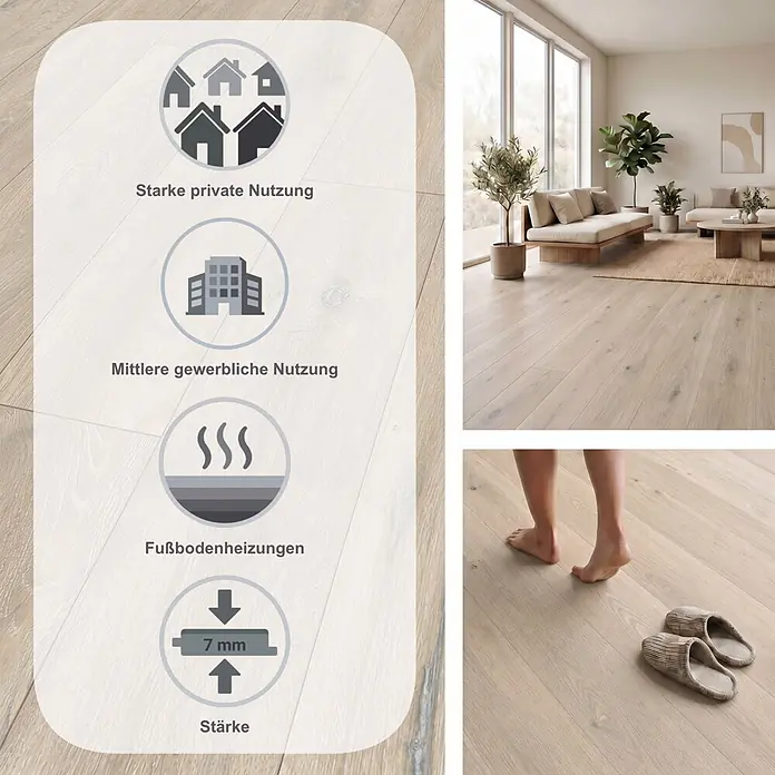 LOGOCLIC Aquaprotect Smart Silent Laminat - Christal Oak, Landhausdiele, 1.288 x 195 x 7 mm - Helles Holzlaminat, 7 mm dick, für starke private u. mittlere gewerbliche Nutzung, fußbodenheizungsgeeignet.