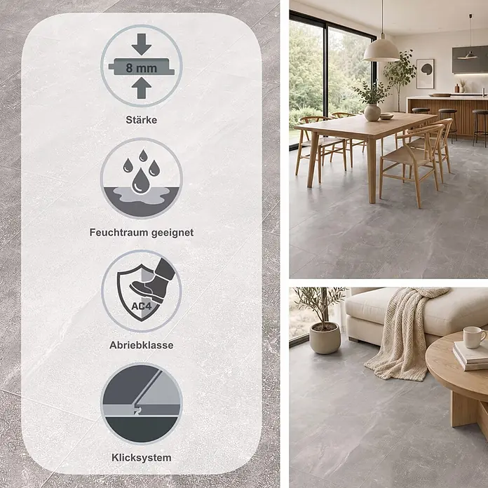 Classen Laminat Visiogrande - Bright concrete, 604 x 280 x 8 mm - Helle graue Fliesen in Steinoptik mit Symbolen für 8mm Stärke, AC4 Abriebklasse, Feuchtraumeignung und Allergikerfreundlichkeit.