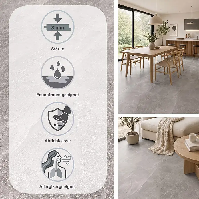 Classen Laminat Visiogrande - Bright concrete, 604 x 280 x 8 mm - Helle graue Fliesen in Steinoptik mit Symbolen für 8mm Stärke, AC4 Abriebklasse, Feuchtraumeignung und Allergikerfreundlichkeit.