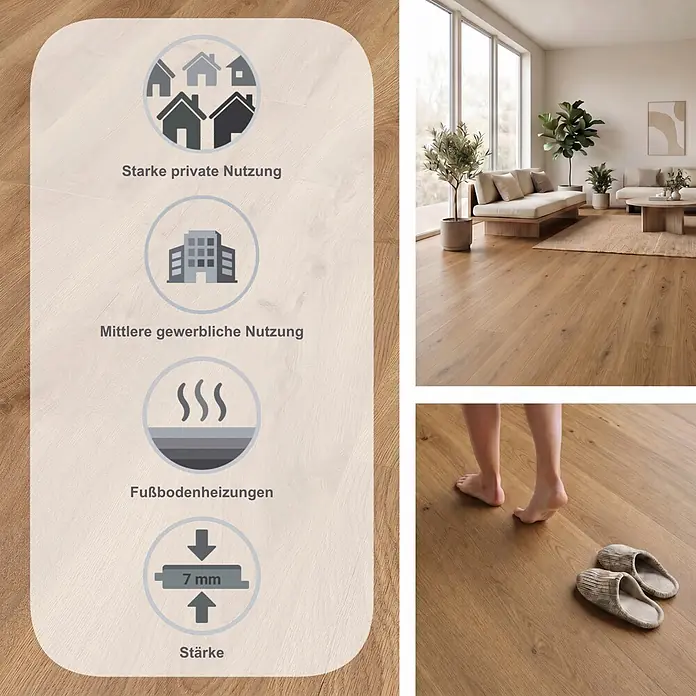 LOGOCLIC Aquaprotect Smart Silent Laminat - Celli Oak, Landhausdiele, 1.288 x 195 x 7 mm - Heller holzfarbener Bodenbelag (7mm), geeignet für Wohn- & Gewerbebereiche und Fußbodenheizungen, im modernen Raum gezeigt.