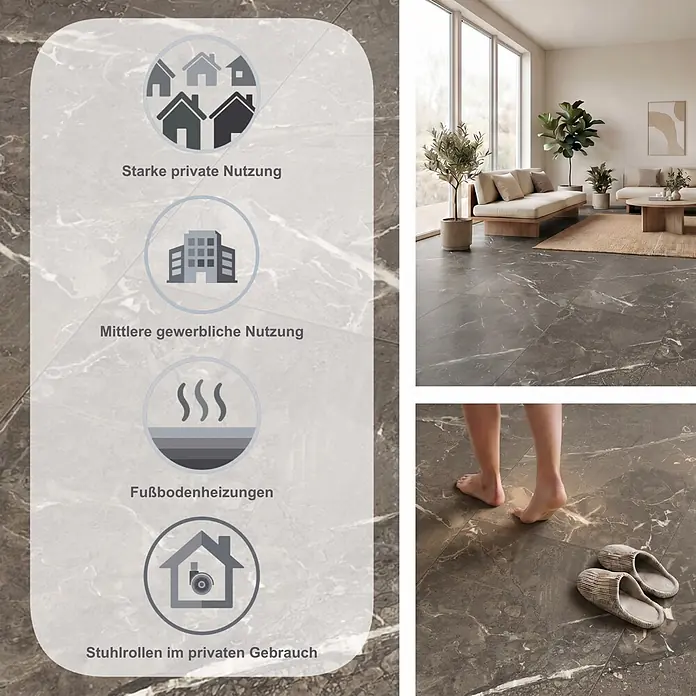 Classen Laminat Visiogrande - Emperador anthrazit, 604 x 280 x 8 mm - Dunkle Fliesen in Marmoroptik, geeignet für privaten & gewerblichen Gebrauch, Fußbodenheizung und Stuhlrollen.