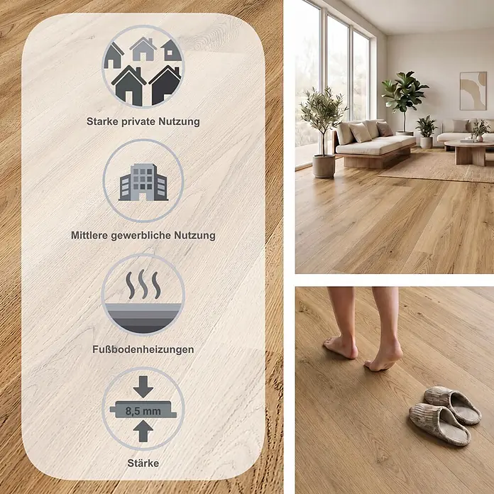 Krono Original Laminat Organic Veneer Parquet - Oak Schönbrunn, Landhausdiele, 1.383 x 244 x 8,5 mm - Hellbrauner Holzboden, 8,5mm stark, geeignet für starke Privat-/mittlere gewerbliche Nutzung und Fußbodenheizung.