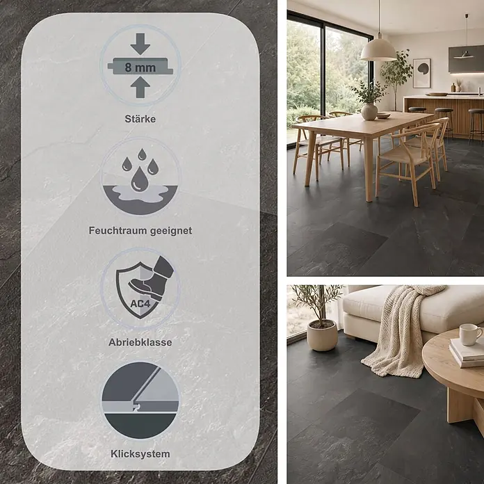Classen Laminat Visiogrande - Nero slate, 604 x 280 x 8 mm - Dunkelgraue Fliesen in Steinoptik, verlegt in einem modernen Zuhause, mit 8 mm Stärke, Feuchtraumeignung, Abriebklasse AC4 und Allergikerfreundlichkeit.