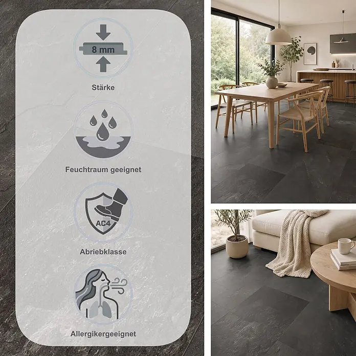 Classen Laminat Visiogrande - Nero slate, 604 x 280 x 8 mm - Dunkelgraue Fliesen in Steinoptik, verlegt in einem modernen Zuhause, mit 8 mm Stärke, Feuchtraumeignung, Abriebklasse AC4 und Allergikerfreundlichkeit.