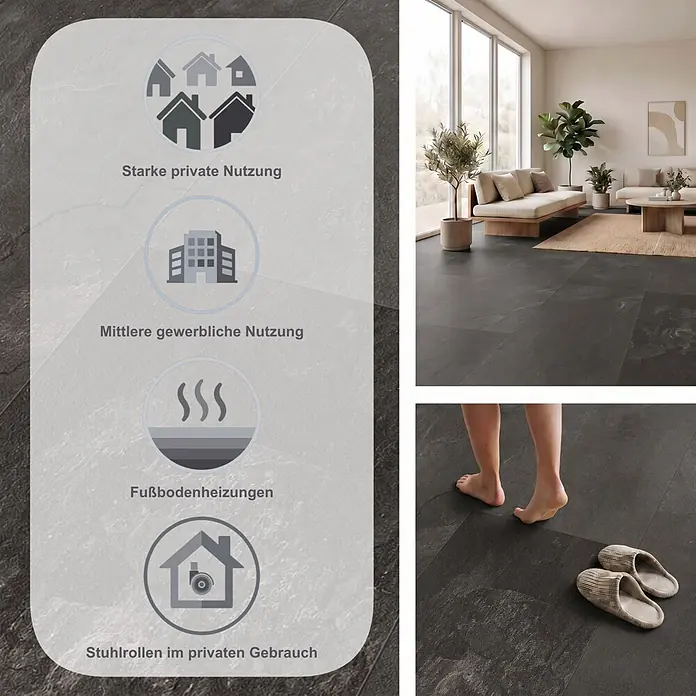 Classen Laminat Visiogrande - Nero slate, 604 x 280 x 8 mm - Dunkelgrauer Bodenbelag mit Steintextur, geeignet für starke private und mittlere gewerbliche Nutzung, Fußbodenheizung und Stuhlrollen.