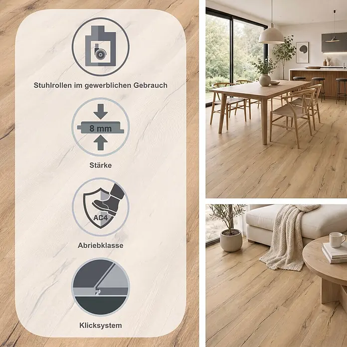 Living by Haro Laminat Gran Via - Eiche Italica Creme, Landhausdiele, 2.200 x 243 x 8 mm - Heller Laminatboden in Holzoptik, 8mm, AC4. Für gewerblichen Gebrauch und Allergiker geeignet. Gezeigt in modernen Wohnräumen.