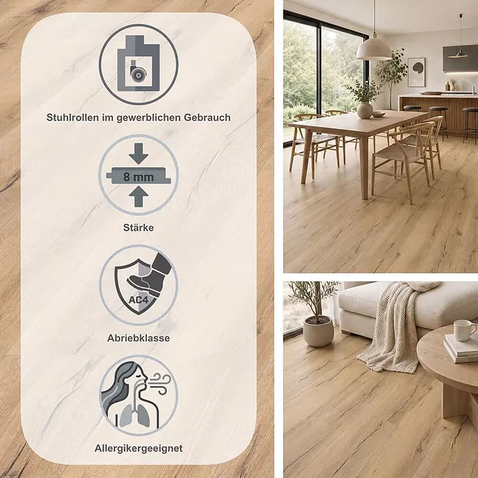 Living by Haro Laminat Gran Via - Eiche Italica Creme, Landhausdiele, 2.200 x 243 x 8 mm - Heller Laminatboden in Holzoptik, 8mm, AC4. Für gewerblichen Gebrauch und Allergiker geeignet. Gezeigt in modernen Wohnräumen.