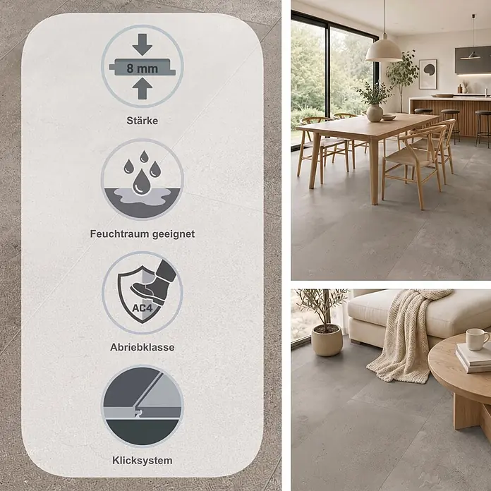 Classen Laminat Visiogrande - Concrete grey, 604 x 280 x 8 mm - Heller, texturierter 8mm Bodenbelag mit Abriebklasse AC4, feuchtraum- und allergikergeeignet, in modernen Wohnräumen.