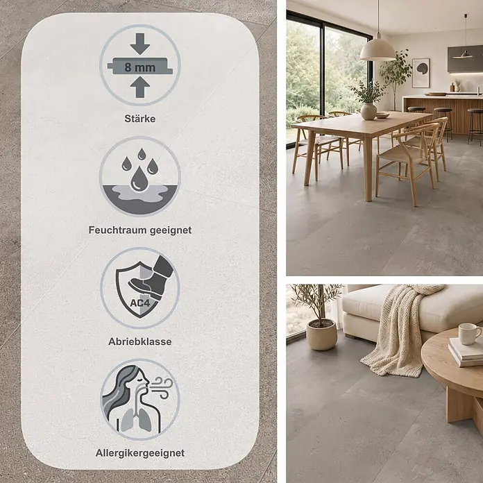 Classen Laminat Visiogrande - Concrete grey, 604 x 280 x 8 mm - Heller, texturierter 8mm Bodenbelag mit Abriebklasse AC4, feuchtraum- und allergikergeeignet, in modernen Wohnräumen.