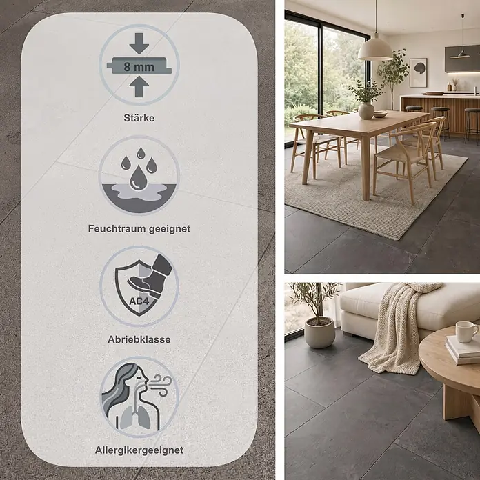 Classen Laminat Visiogrande - Concrete grey-brown, 604 x 280 x 8 mm - Dunkelgrauer 8mm Fliesenboden (AC4, feuchtraum- & allergikergeeignet) in modernen Ess- und Wohnbereichen.
