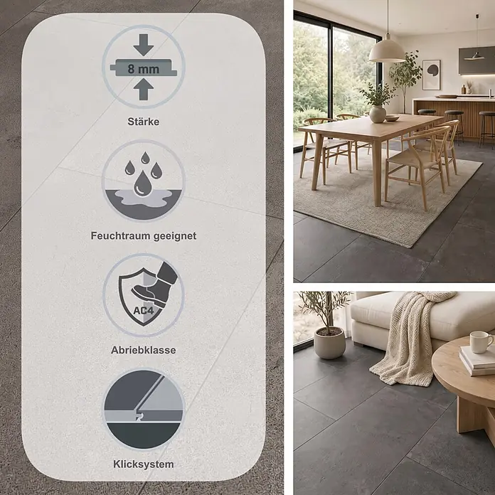 Classen Laminat Visiogrande - Concrete grey-brown, 604 x 280 x 8 mm - Dunkelgrauer 8mm Fliesenboden (AC4, feuchtraum- & allergikergeeignet) in modernen Ess- und Wohnbereichen.