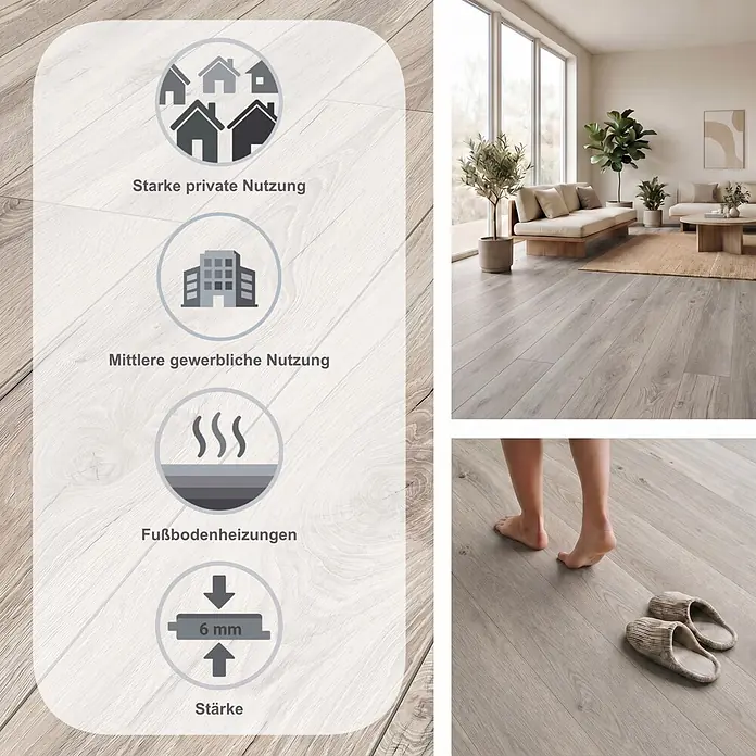 LOGOCLIC Aquaprotect Smart Laminat - Eiche Lucha, Landhausdiele, 1.288 x 195 x 6 mm - Heller Laminatboden in Holzoptik, für starke private und mittlere gewerbliche Nutzung. Geeignet für Fußbodenheizung, 6 mm stark.