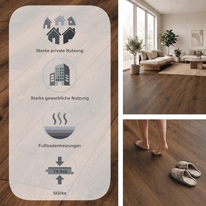 MyStyle MyDream Laminat - Bourbon Hill Oak, Landhausdiele, 1.285 x 192 x 14 mm - Dunkler Holzfußboden mit Icons für Privat-/Gewerbenutzung, Fußbodenheizung und 14mm Stärke, in modernem Wohnzimmer gezeigt.