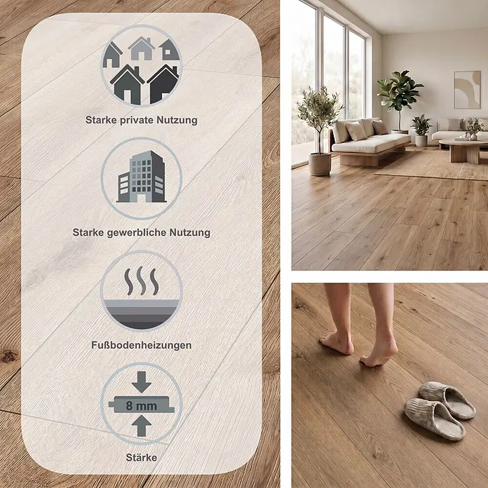 LOGOCLIC Aquaprotect Laminat - Piton Oak, Landhausdiele, 1.288 x 245 x 8 mm - Helles Laminat in Holzoptik im Wohnzimmer, mit Symbolen für private und gewerbliche Nutzung, Fußbodenheizung und 8mm Stärke.