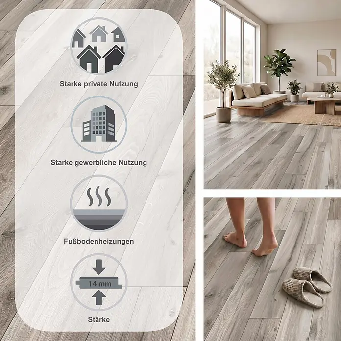 MyStyle MyDream Laminat - Wilderness Oak, Landhausdiele, 1.285 x 192 x 14 mm - Heller, grauer Holzoptikboden, 14mm stark, für starke private/gewerbliche Nutzung und Fußbodenheizungen.
