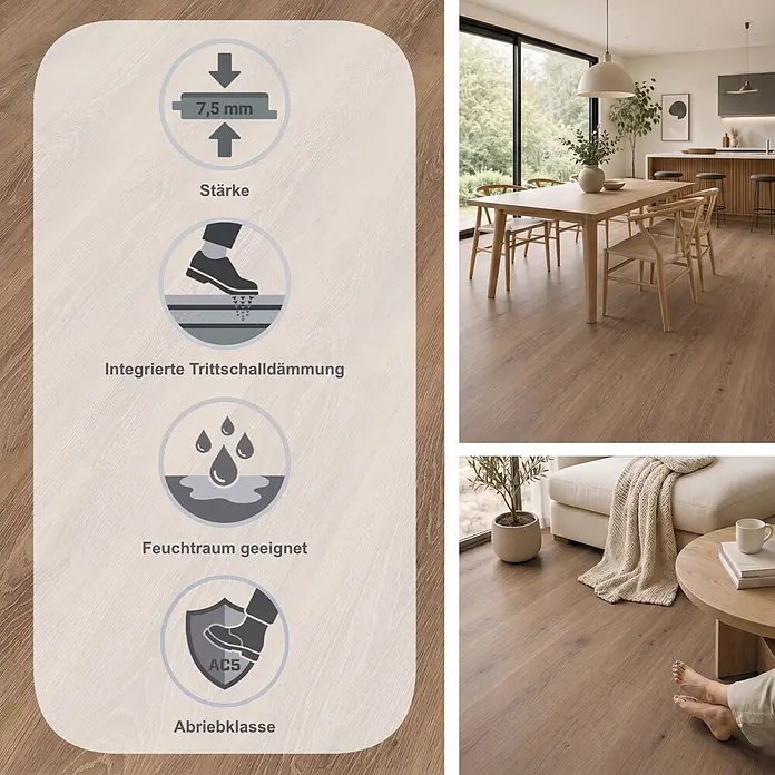 Egger Laminat Aquadura+ - Capri Eiche braun, Landhausdiele, 1.292 x 193 x 7,5 mm - Laminatboden Holzoptik (7,5mm, AC5) mit integrierter Trittschalldämmung und Feuchtraumeignung, gezeigt in einem modernen Zuhause.