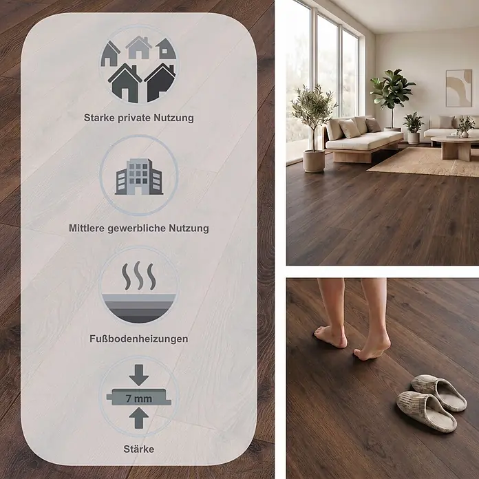 LOGOCLIC Aquaprotect Smart Silent Laminat - Braun, Landhausdiele, 1.288 x 195 x 7 mm - Dunkles Holzlaminat, präsentiert in einem modernen Zuhause, betont 7mm Stärke, Fußbodenheizungseignung und starke private/mittlere gewerbliche Nutzung.