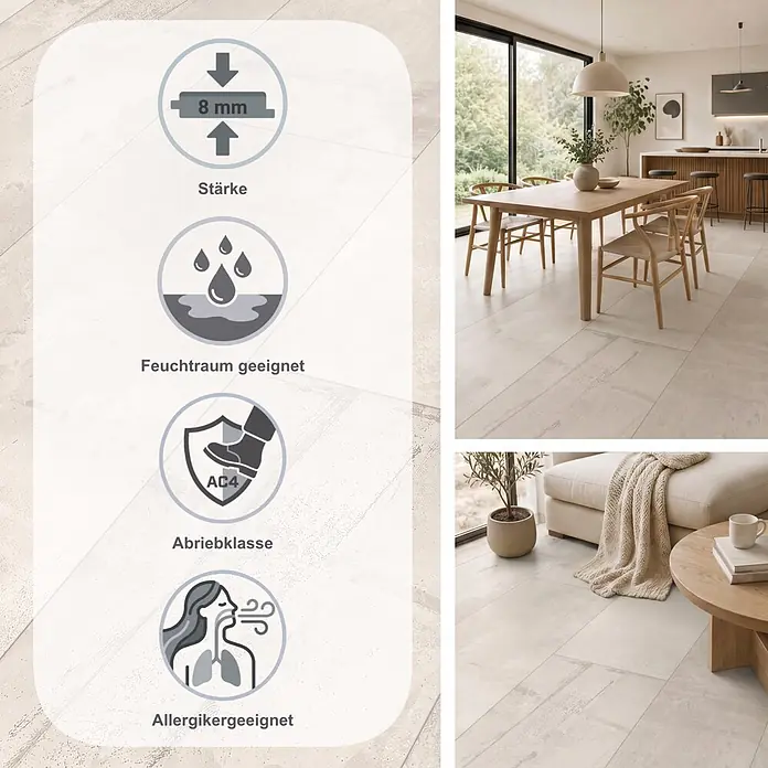 Classen Laminat Visiogrande - Infinity creme, 604 x 280 x 8 mm - Heller Bodenbelag mit 8 mm Stärke, Abriebklasse AC4, feuchtraumgeeignet und allergikerfreundlich. Präsentiert in modernen Ess- und Wohnbereichen.