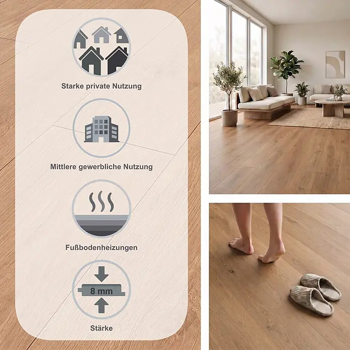 Krono Original Laminat Atlantic 8 - Smoked Montanara Oak, Landhausdiele, 1.288 x 195 x 8 mm - Helles Holzbodenlaminat, 8mm stark, für starke private und mittlere gewerbliche Nutzung sowie Fußbodenheizung geeignet.