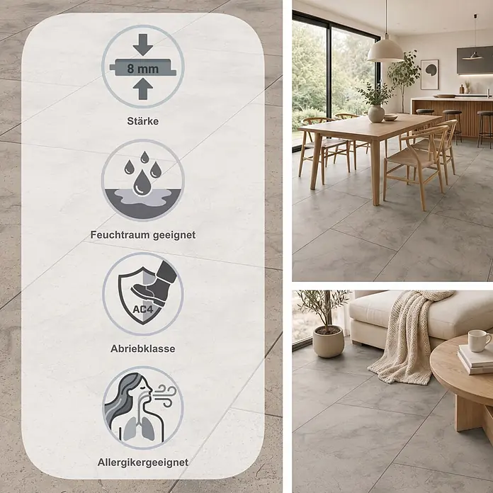 LOGOCLIC Ceramico Laminat - Arosa, 638 x 330 x 8 mm - Graue Fliesen in Betonoptik, 8mm stark, Abriebklasse AC4, feuchtraum- & allergikergeeignet, in modernem Wohnraum verlegt.