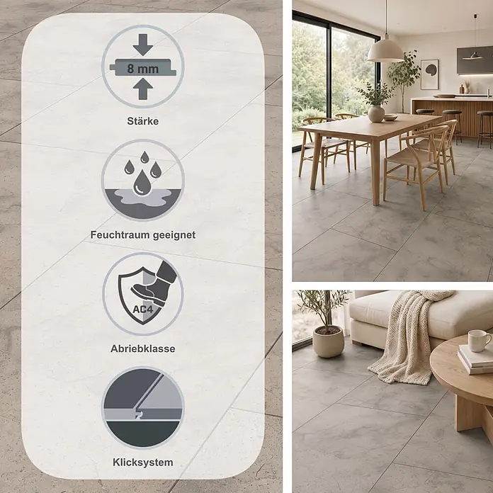 LOGOCLIC Ceramico Laminat - Arosa, 638 x 330 x 8 mm - Graue Fliesen in Betonoptik, 8mm stark, Abriebklasse AC4, feuchtraum- & allergikergeeignet, in modernem Wohnraum verlegt.