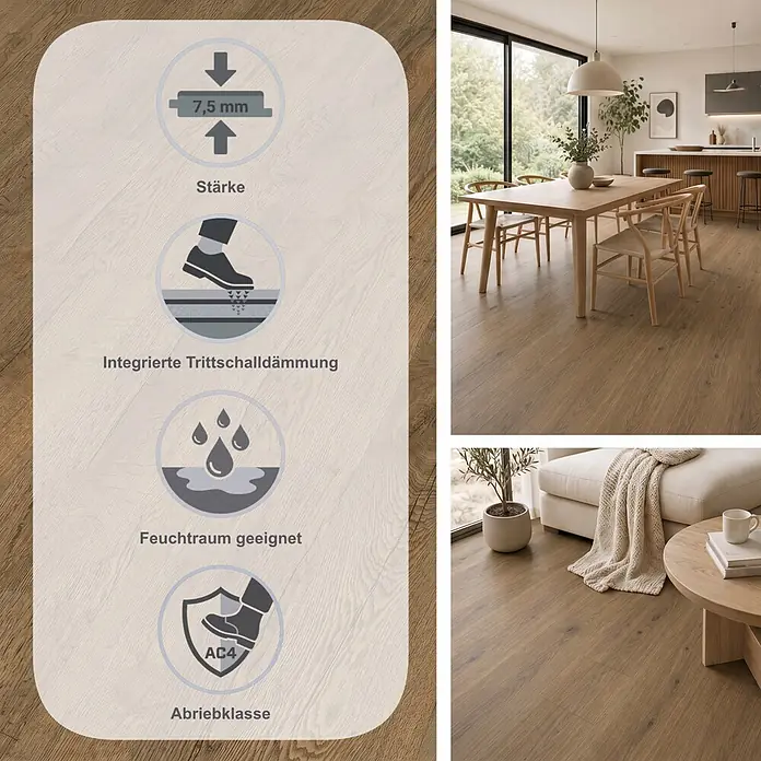 Egger Laminat Aquadura+ - Elva Eiche braun, Landhausdiele, 1.292 x 193 x 7,5 mm - Helle Holzoptik-Bodenbelag, 7,5 mm stark, mit integrierter Trittschalldämmung, feuchtraumgeeignet, Abriebklasse AC4. Gezeigt in Ess- und Wohnzimmern.
