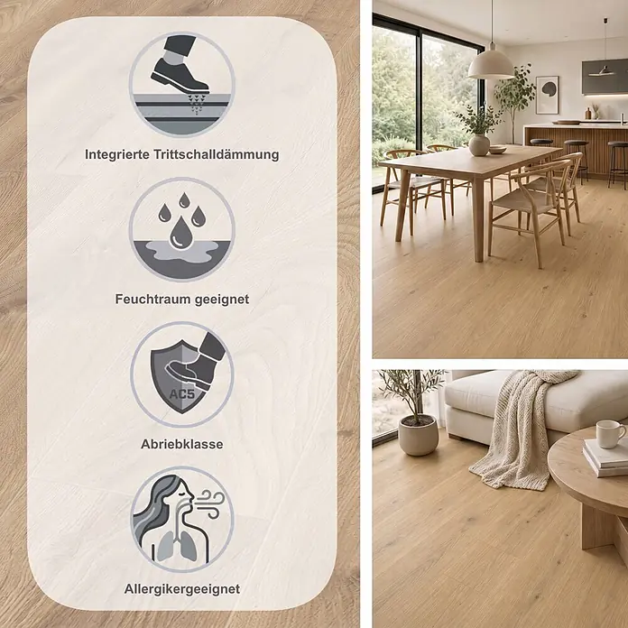 Krono Original Laminat Comfort Silent Cork - Biscotti Oak, Landhausdiele, 1.288 x 195 x 8 mm - Heller Eichenlaminatboden mit integrierter Trittschalldämmung, feuchtraumgeeignet, Abriebklasse AC5 und allergikerfreundlich, gezeigt in modernen Wohnräumen.