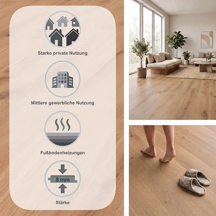 LOGOCLIC Aquaprotect Laminat - Sunset Oak, Landhausdiele, 1.288 x 195 x 8 mm - Naturbrauner 8mm Laminatboden, strapazierfähig für Privat- & leichte gewerbliche Nutzung, fußbodenheizungsgeeignet, in modernem Wohnzimmer.