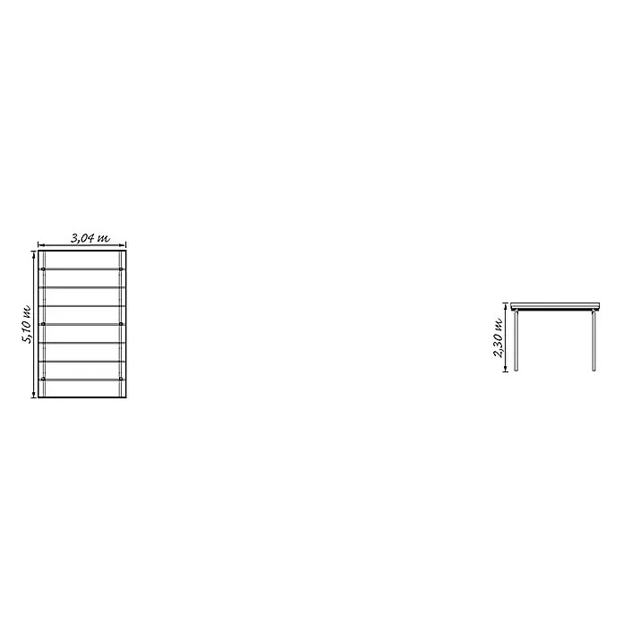 Kiehnholz Carport - Außenmaß inkl. Dachüberstand (B x T): 304 x 510 cm, Holz, Carport geeignet für: PKWs - Abbildung einer Holzleiter mit den Maßen 3,04 m x 5,10 m und eines Tisches mit den Maßen 2,30 m.