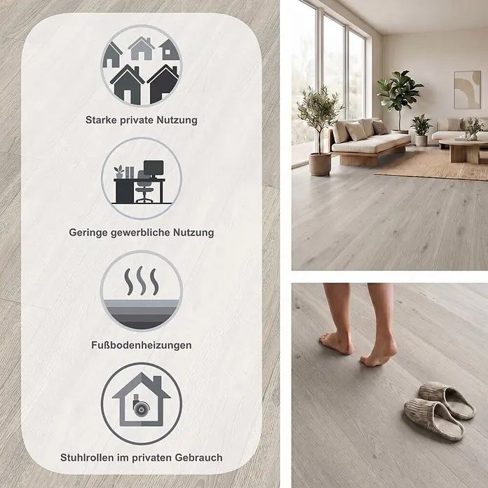 Egger Laminat NatureSense - Charlotte Eiche hellgrau, Landhausdiele, 1.292 x 193 x 7 mm - Heller Bodenbelag in Holzoptik im modernen Wohnzimmer, mit Symbolen für starke private, leichte gewerbliche Nutzung, Fußbodenheizung und Stuhlrolleneignung.