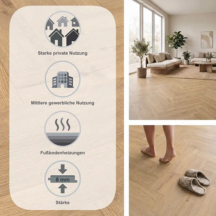 LOGOCLIC Vinto Laminat Herringbone - Galaxy Oak, Landhausdiele, 630 x 126 x 8 mm - Heller Eichenholz-Fischgrätboden in einem Wohnzimmer, geeignet für starke private und mittlere gewerbliche Nutzung, Fußbodenheizung, 8mm stark.