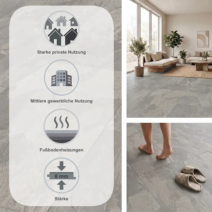 LOGOCLIC Ceramico Laminat - Lucienda, 638 x 330 x 8 mm - Graue Bodenfliesen (8mm stark), geeignet für Privat- und Gewerbenutzung sowie Fußbodenheizungen, in modernem Wohnambiente.
