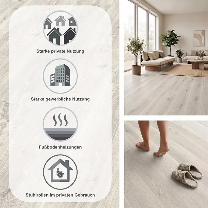 Egger Laminat Aquadura+ - Waltham Eiche weiss, Landhausdiele, 1.292 x 246 x 7,5 mm - Heller Holzboden für starke private & gewerbliche Nutzung, Fußbodenheizung und Stuhlrollen. Gezeigt in modernem Wohnzimmer & mit nackten Füßen.