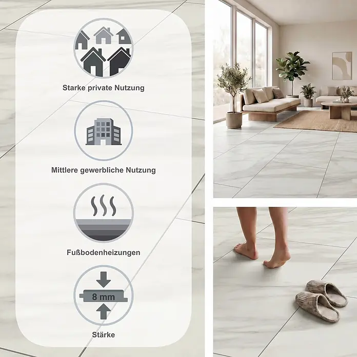LOGOCLIC Ceramico Laminat - Amelia, 638 x 330 x 8 mm - Weiße Bodenfliesen in Marmoroptik in einem Wohnzimmer, mit Icons für starke private und mittlere gewerbliche Nutzung, Fußbodenheizung und 8mm Stärke.