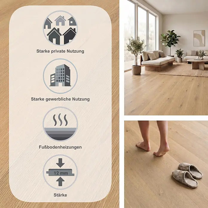 Krono Original Laminat Altitude - Honey Montreux Oak, Landhausdiele, 2.003 x 245 x 12 mm - Heller Holzfußboden in modernem Wohnzimmer mit Füßen und Grafikdetails: für starke private & gewerbliche Nutzung, Fußbodenheizung, 12 mm Stärke.