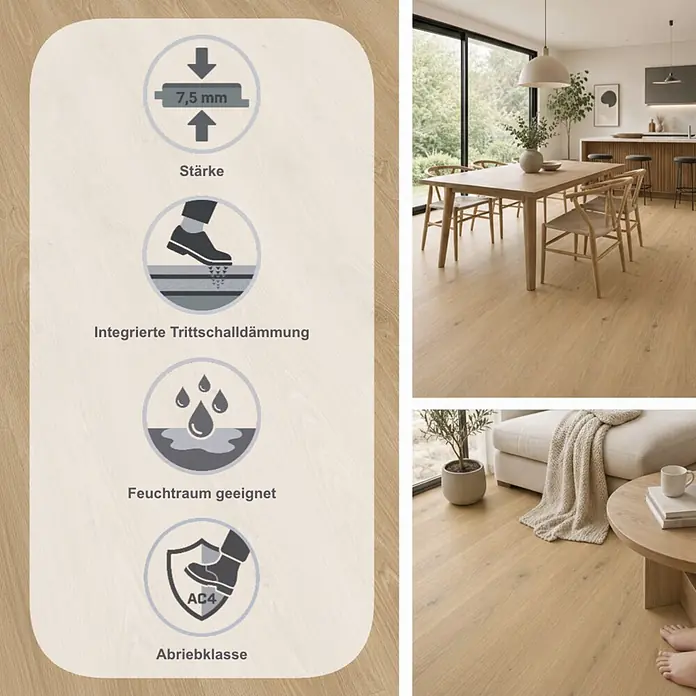 Egger Laminat Aquadura+ - Camden Eiche natur, Landhausdiele, 1.292 x 193 x 7,5 mm - Helles Laminat in Eichenoptik in einem modernen Zuhause, mit 7,5 mm Stärke, integrierter Trittschalldämmung, Feuchtraumeignung und AC4 Abriebklasse.