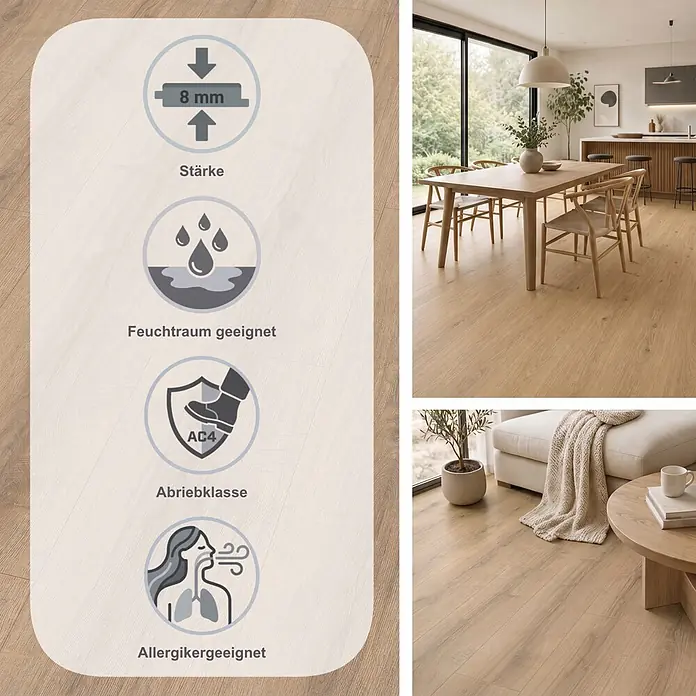 Egger Laminat NatureSense Aqua - Sherman Eiche braun, Landhausdiele, 1.292 x 246 x 8 mm - Helles Laminat in natürlicher Holzoptik, 8mm stark, strapazierfähig (AC4), feuchtraumgeeignet und allergikerfreundlich. In modernen Innenräumen gezeigt.