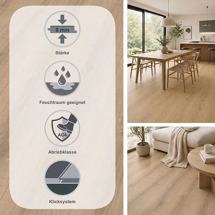 Egger Laminat NatureSense Aqua - Sherman Eiche braun, Landhausdiele, 1.292 x 246 x 8 mm - Helles Laminat in natürlicher Holzoptik, 8mm stark, strapazierfähig (AC4), feuchtraumgeeignet und allergikerfreundlich. In modernen Innenräumen gezeigt.