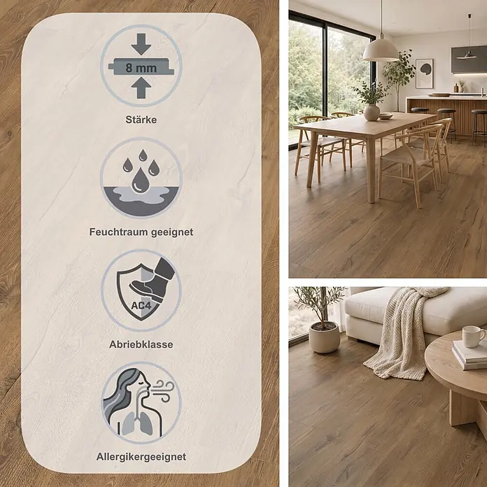 Egger Laminat NatureSense Aqua - Melba Eiche braun, Landhausdiele, 1.292 x 193 x 8 mm - Helles, holzfarbenes Laminat, 8mm stark, Abriebklasse AC4, feuchtraumgeeignet und allergikerfreundlich, in modernen Wohnräumen.