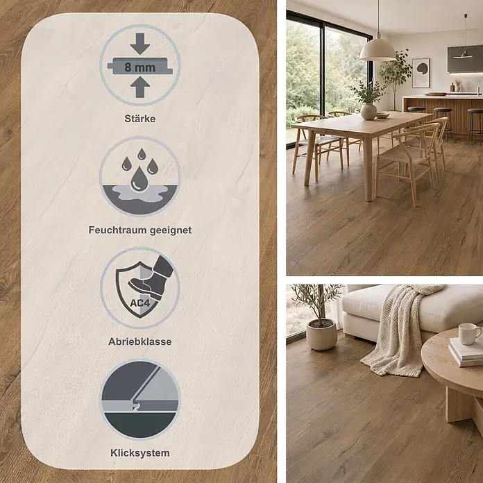 Egger Laminat NatureSense Aqua - Melba Eiche braun, Landhausdiele, 1.292 x 193 x 8 mm - Helles, holzfarbenes Laminat, 8mm stark, Abriebklasse AC4, feuchtraumgeeignet und allergikerfreundlich, in modernen Wohnräumen.