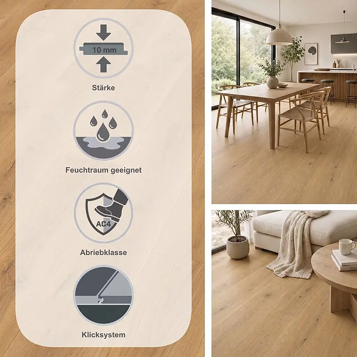 Egger Laminat NatureSense Aqua - Pinot Eiche honig, Landhausdiele, 1.292 x 193 x 10 mm - Helles Holzlaminat, 10mm dick, Abriebklasse AC4, feuchtraum- und allergikergeeignet. Abgebildet in Wohn- und Essbereichen.