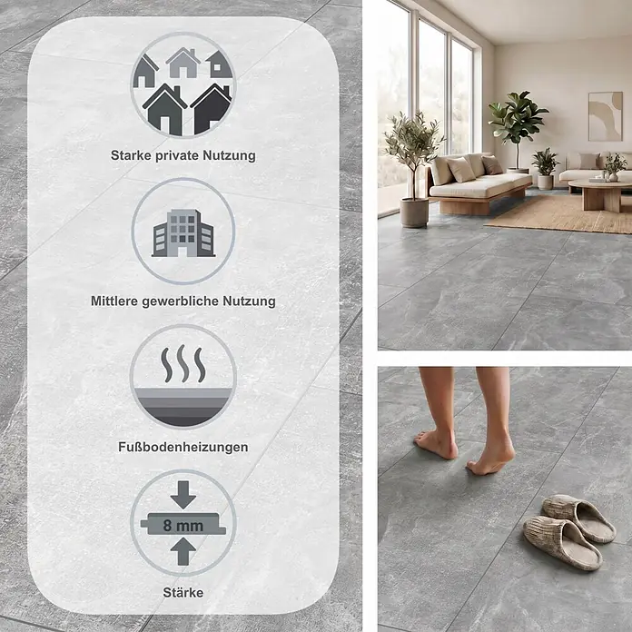 LOGOCLIC Ceramico Laminat - Luzzi, 638 x 330 x 8 mm - Graue Bodenfliesen für starke private und mittlere gewerbliche Nutzung, geeignet für Fußbodenheizungen, mit 8 mm Stärke.