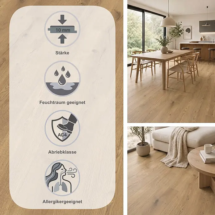 Egger Laminat NatureSense Aqua - Lausanne Eiche natur, Landhausdiele, 1.292 x 193 x 10 mm - Helles Laminat in Holzoptik, 10mm stark, feuchtraumgeeignet, Abriebklasse AC4, allergikerfreundlich. Präsentiert in Ess- und Wohnzimmer.